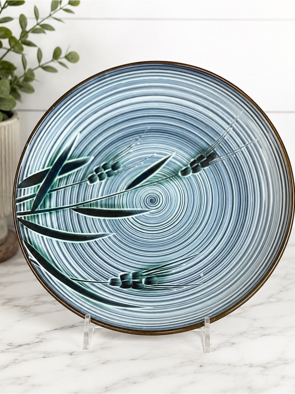 Vintage Nasuga 12”Stoneware Serving Bowl Blue Spiral Botanical Design Ovenproof